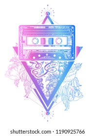 Music concept. Old audio cassette and roses flowers, symbol of pop music, disco. Audio type and graceful flowers in mystical triangle tattoo and t-shirt design. Symbol of retro music, nostalgia 