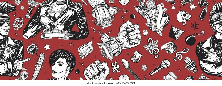 Music concept. Rock culture musical background. Seamless pattern. Punk lifestyle. Hooligans. Anarchy art. Punker with mohawk, electric guitar, rock woman