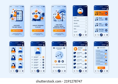 Music concept screens set for mobile app template. People listen to favorite playlists, discover songs and podcasts. UI, UX, GUI user interface kit for smartphone application layouts. Vector design