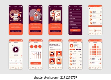 Pantallas de concepto de música configuradas para la plantilla de aplicación móvil. La gente escucha las listas de reproducción de canciones favoritas, usa la suscripción familiar. interfaz de usuario, UX, interfaz de usuario GUI para diseños de aplicaciones de smartphone. Vector