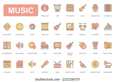 Music concept simple line icons set. Pack outline pictograms of synthesizer, violin, accordion, sound wave, guitar, drum, song, piano, karaoke and other. Vector elements for mobile app and web design