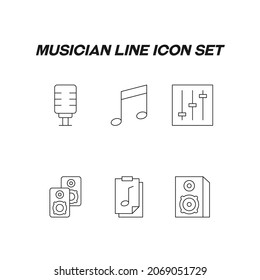 Musikkonzept. Singer Line Icon Set. Sammlung von Vektorzeichen von Mikrofon, Musiktitel, Soundleiste, Lautsprecher 