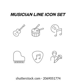 Music concept. Singer line icon set. Collection of vector signs of guitar, drums, music note, piano, mediator, male singer
