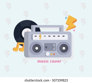 Music concept with music tools in flat style: Boombox, record, notes . Vector illustration