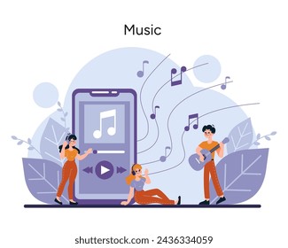 Music concept. A trio of musicians with a smartphone interface as a backdrop captures the blend of traditional music making and digital technology. Vector illustration