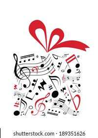 Music Concept Vector Of Gift Box With Red Ribbon And Full Of Music Notes