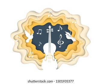 Music Concept Vector Illustration In Paper Art Modern Craft Style. Paper Cut Violin Musical Instrument, Music Notes, Treble Clef And Doves Composition For Poster, Web Banner, Website Page Etc.