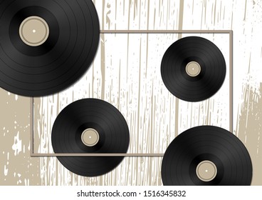 Music concept with vinyl discs on old wood background. Vector illustration for your design.