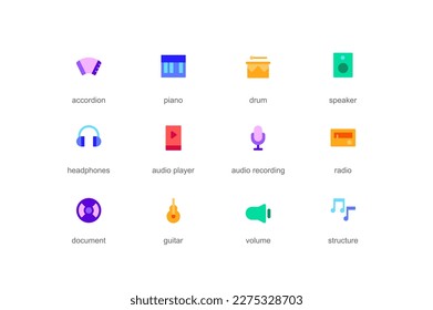 Concepto musical de iconos web establecidos en diseño plano de color. Paquete de acordeón, piano, tambor, altavoz, auricular, reproductor de audio, grabación, radio, guitarra, volumen y otros. Pictogramas vectoriales para aplicación móvil