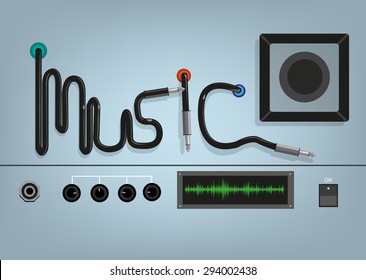 Music Concept. Wires form the word music with device wires, dials and plugs. Editable Clip art.