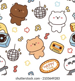 Music concept.Seamless pattern of cute bears dance with cassette tape,gramophone,disco ball hand drawn.Animal character cartoon design.White background.Kawaii.Vector.Illustration.