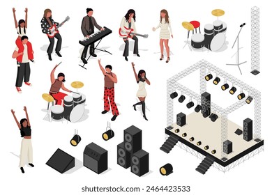 Concierto de música 3d isométrica mega set. Colección isometría plana Elementos de personas en el festival, músicos tocan instrumentos, cantante con micrófono en el escenario, altavoces y focos. Ilustración vectorial.