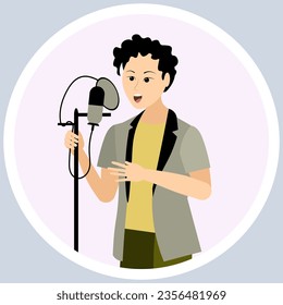 Music concert, album sticker. A curly-haired man sings on a light background. Vector illustration