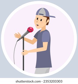 Music concert, album sticker. A teenager in a cap sings on a light background. Vector illustration