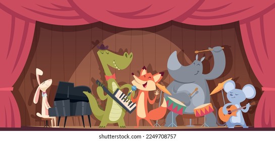 Music concert animals. Outdoor illustrations with zoo animals play music instruments exact vector cartoon background