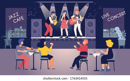 Music concert cafe flat composition with indoor view of restaurant with sitting listeners and live band vector illustration