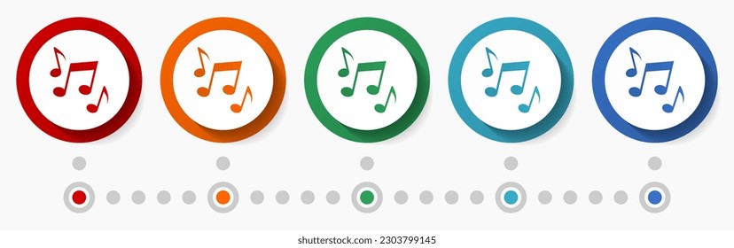 Música, concepto de concierto conjunto de iconos vectoriales, plantilla infográfica, diseño plano, botones web coloridos en 5 opciones de color