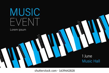 Music concert or event poster. Piano keys on black background. Jazz concert banner design. Music piano concert minimal modern style poster. White and blue piano keys. Vector illustration