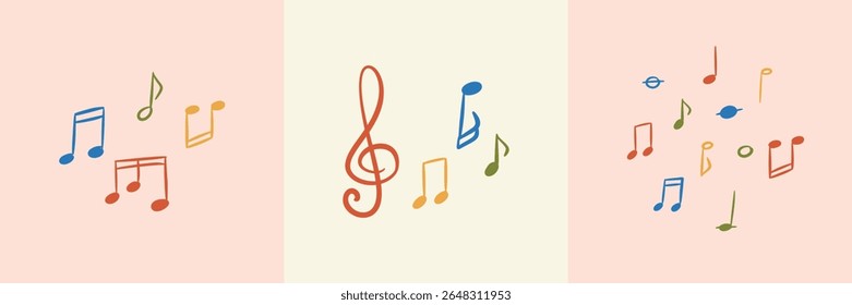 Concerto musical e design colorido cartaz festival. Conceito de escola musical infantil. Desenho desenhado à mão rabiscar ilustração vetorial. Notas e sinais de melodia de caligrafia. Rabiscos de giz de cera infantil