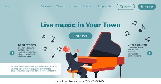 Music concert or festival, live performance in your town. Listen to songs and compositions and entertain yourself on weekends. Website page, internet landing site template. Vector in flat style