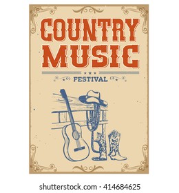 Music concert festival poster on old paper background with acoustic guitar and american cowboy shoes