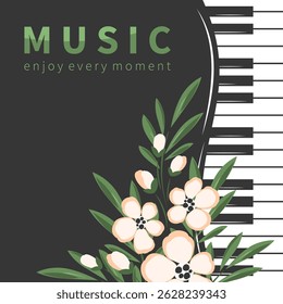 Cartaz de um concerto ou festival de música. Piano decorado com flores. Banner vetorial para eventos de música.
