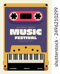 Music concert festival template design. Cassette tape and piano key. Sound equipment minimal style. Design element for backdrop, banner, brochure, print, vector illustration