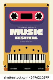 Music concert festival template design. Cassette tape and piano key. Sound equipment minimal style. Design element for backdrop, banner, brochure, print, vector illustration