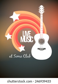 Music concert flyer or poster template featuring acoustic guitar and stars.