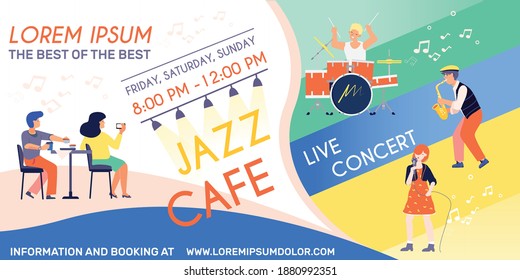 Music concert horizontal banner with editable text announcement and flat images of notes with performing musicians vector illustration