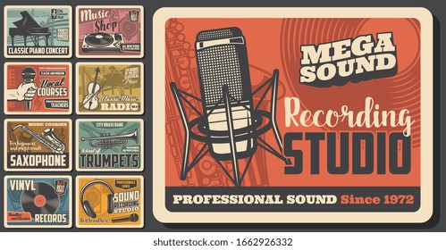 Music concert and musical instruments shop vintage retro posters. Vector sound recording studio, jazz band festival and folk music fest, DJ sound equipment and vinyl records store