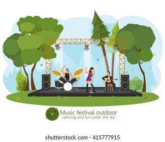 Music Concert In The Park. Outdoor Music Festival. Vector