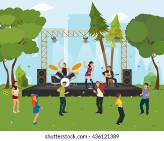 Music Concert In The Park. Outdoor Music Festival. People Dancing In The City Park At The Concert. Vector