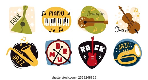 Concierto de música, fiesta y festival de entretenimiento logo conjunto. Diferentes instrumentos de música y notas de melodía Ilustración vectorial de diseño para piano, rock, jazz, clásico, folk, tambor, interpretación acústica