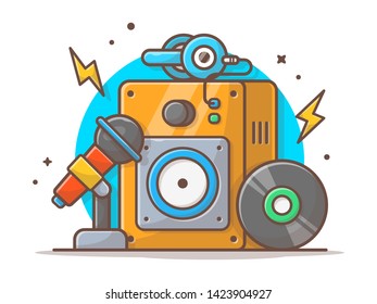 Music Concert Performance with Microphone, Vinyl and Headphone Vector Illustration. Sound System. Flat Cartoon Style Suitable for Web Landing Page,  Banner, Flyer, Sticker, Wallpaper, Card, Background