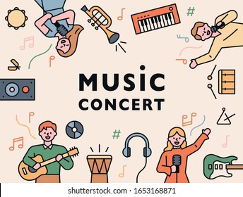 Music concert poster. Musicians and instruments are arranged in a circle around the letters. flat design style minimal vector illustration.