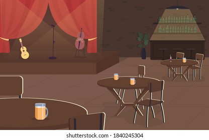 Music concert in pub flat color vector illustration. Live musical performance in cafe. Restaurant with spotlife. Nightlife entertainment. Bar 2D cartoon interior with stage on background