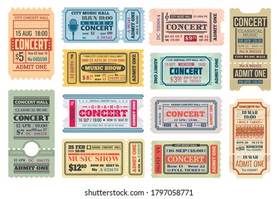 Musik-Konzert Retro-Tickets, erlaubt Vorlagen. Vektorcoupons für den Zugriff mit Datum, Uhrzeit, Sitz- und Zeilennummer, Preis und Trennlinie. Vintage-Papierkarten-Set für musikalische Aufführungen, Eintritt anzeigen