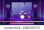 Music concert scene for performers and musicians. Vector stage with drums kit and microphones, loudspeakers and lights, acoustic guitar. Festival or live show location with instruments