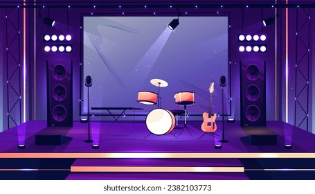 Escena de conciertos musicales para artistas y músicos. Escenario vectorial con batería y micrófonos, altavoces y luces, guitarra acústica. Lugar del festival o del espectáculo en directo con instrumentos