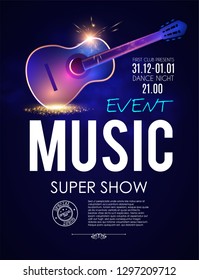 Music Concert Toster Template with Guitar and Light Effects. Vector illustration