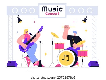 Music Concert Vector Illustration featuring an Artist’s Performance at a Live Music Event with Musical Instruments during a Summer Weekend Festival