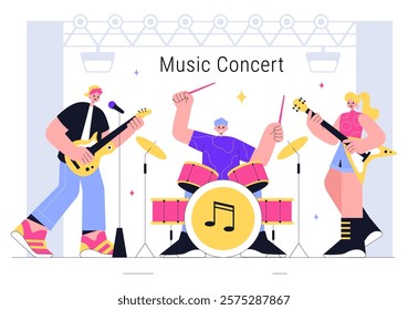Music Concert Vector Illustration featuring an Artist’s Performance at a Live Music Event with Musical Instruments during a Summer Weekend Festival