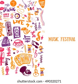 Music concert vector poster template. Can be used for printable concert promotion with lettering and doodle music items.