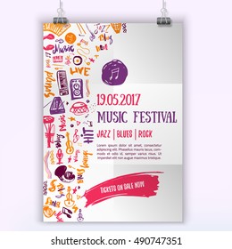 Music concert vector poster template. Can be used for printable promotion with lettering and doodle items.