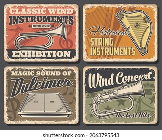 Music concert vector posters with jazz, classic and ethnic orchestra musical instruments. Harp, saxophone, horn and saxhorn, cimbalom, musical notes and treble clef retro invitations design