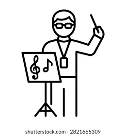 Music conductor with baton and sheet music stand linear vector icon conductor musician orchestra