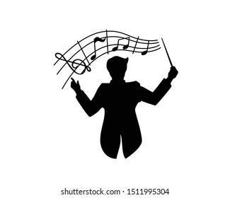 Music Conductor Conduct the Orchestra combined with Musical Notes Silhouette