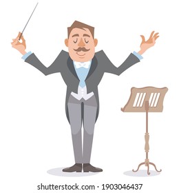 Music conductor conducting with baton. Vector illustration in flat cartoon style.