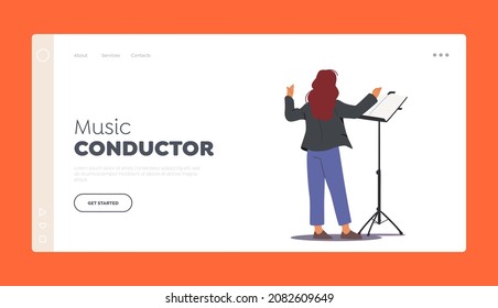 Music Conductor Landing Page Template. Character Perform on Stage Directing with Notebook and Symphony Orchestra. Classical Music Performance, Instrumental Ensemble. Cartoon Vector People Illustration